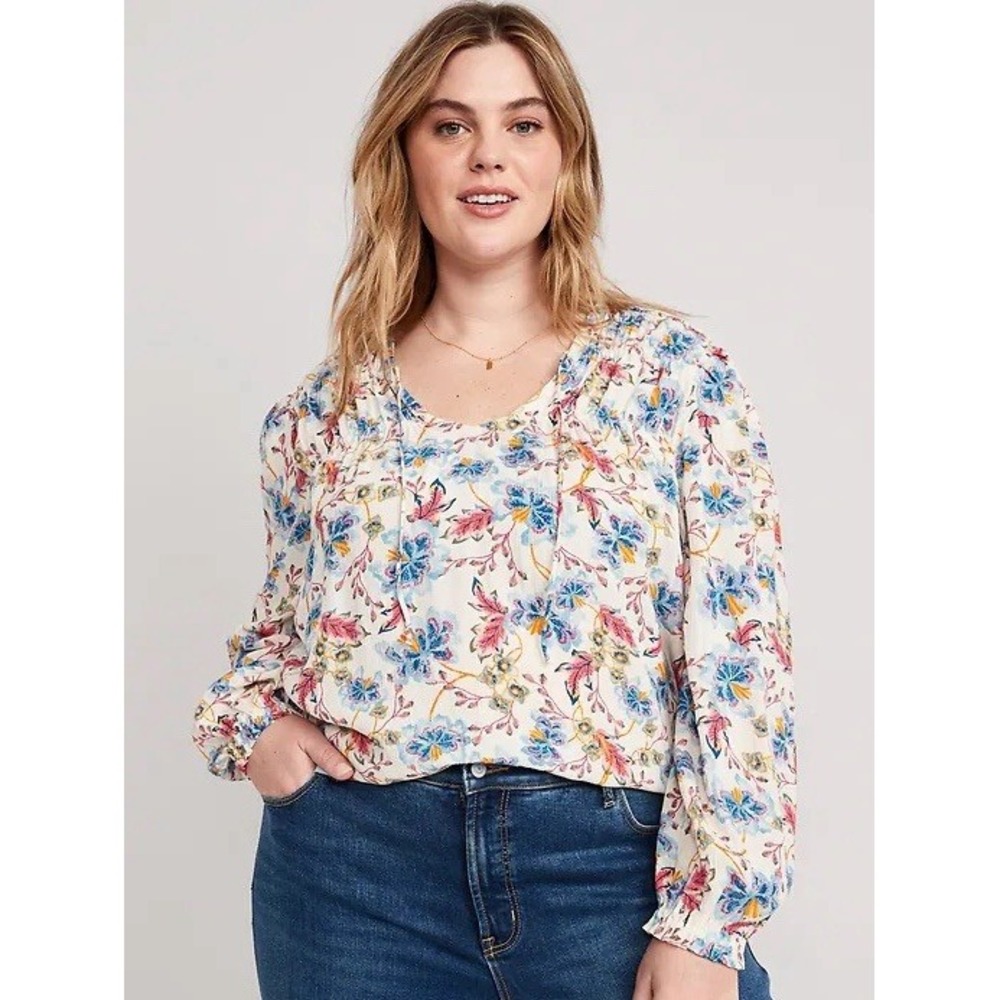 Old Navy Womens Crinkle Poet Blouse 3X White Floral Boho Peasant Top Cottagecore